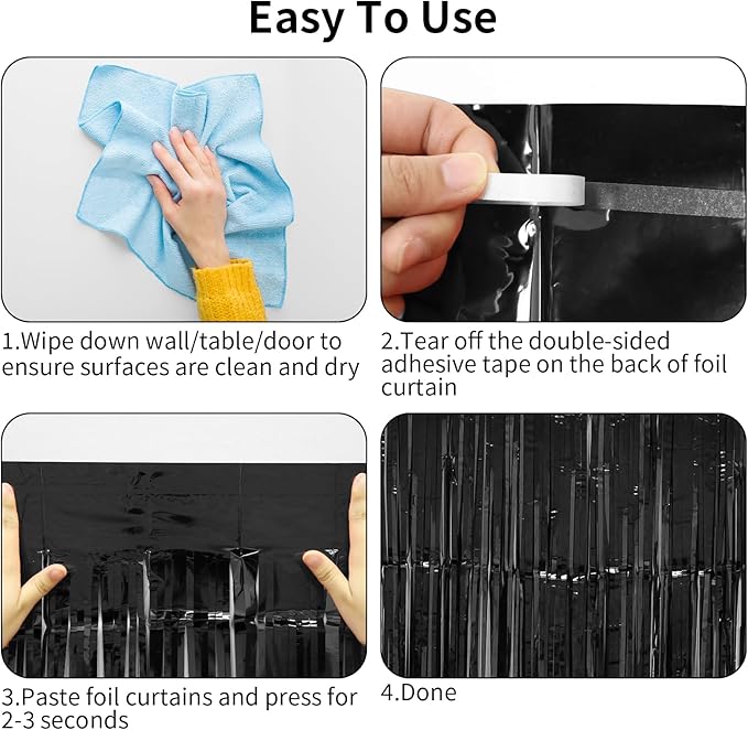 Halloween Decorations Black Streamers - Thicken 4 Pack 3.2 x 8.2 FT - Black Tinsel Foil Fringe Backdrop Curtains, Photo Booth Props for Birthday, Halloween, Retirement, Bachelor Party Decorations
