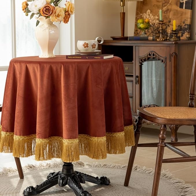 F-CHU Luxury Burnt Orange Tablecloth Thickset Velvet Tablecloth with Beautiful Gold Vintage Tassels Table Cloth for Home Decor Wedding, Party, Banquet and Events 48" Round