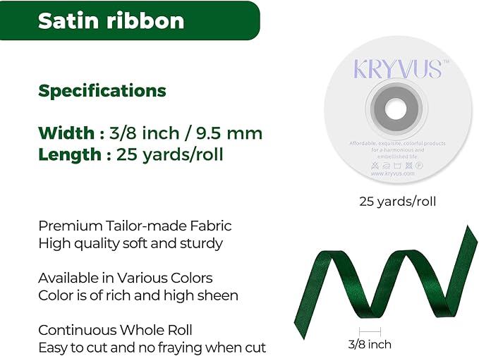 Green Satin Ribbon 3/8 inch X Continuous 25 Yards, Single Face Polyester Ribbon Perfect for Gift Wrapping, Flower Bouquet, Wedding Decor, Crafts, Bow Making, Sewing and More
