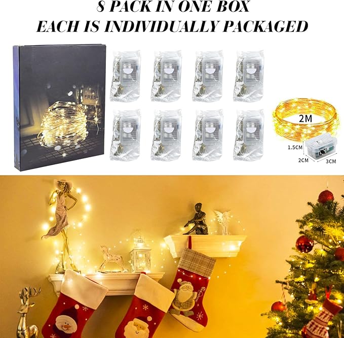 ZGWJ 8 Pack Fairy Lights Battery Operated, 7ft 20 Mini LED Fairy String Lights Silver Wire 3 Modes for DIY, Parties, Wedding, Bedroom, Halloween Christmas Decoration Warm White