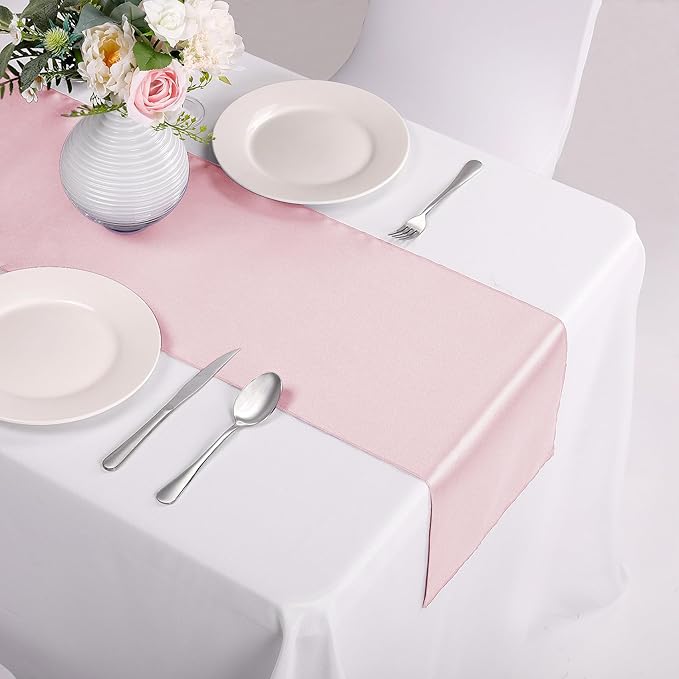 10-Pack Satin Table Runner Rose Gold 12 x 108 inches Long, Table Runners for Wedding, Birthday Parties, Banquets Decorations（10 Pack, 12x108 Inch, Rose Gold）