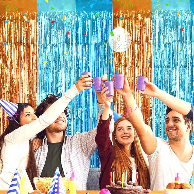 TONIFUL Orange Blue Door Streamers,Blue and Orange Photo Booth Backdrop Metallic Streamers Foil Fringe Curtain for Birthday,New Year,Graduation,Grad,Bachelorette Party Streamers Decoration