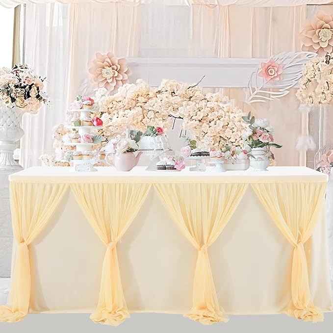 6ft Champagne Table Skirt for Rectangle Tables or Round Tables Champagne Tutu Tulle Table Skirt Cloth for Wedding Baby Shower Birthday Party Dessert Buffet Banquet Decorations