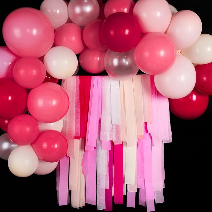 PartyWoo Pink and Red Crepe Paper Streamers 4 Rolls 328 ft Pack of Hot Pink and Red Crepe Paper for Baby Shower Valentine's Day Bachelorette Birthday Party Decorations (1.8 Inch x 82 Ft/Roll)
