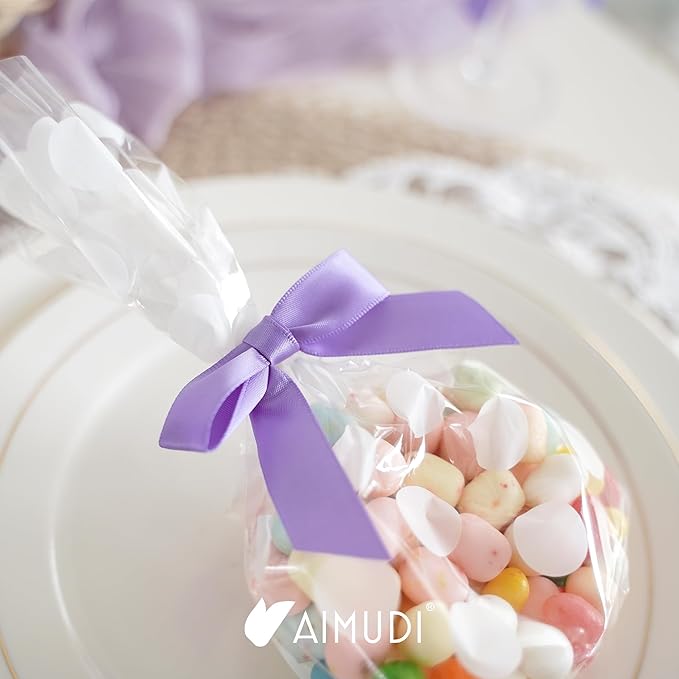 AIMUDI Lavender Satin Ribbon Twist Tie Bows 2.5" Purple Pretied Bows Premade Craft Bows for Treat Bags Cake Pop Gift Wrapping Basket Wedding Favors Cookie Candy Bagging Baby Shower - 50 Counts
