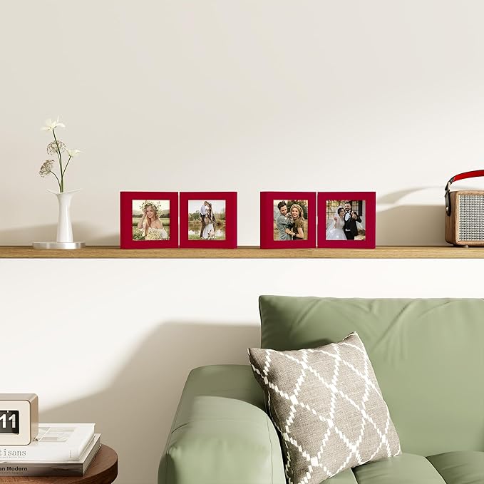 decorUhome Double 4x4 Picture Frame Vertical, Engineered Wood Bifold Photo Frame with Plexiglass for Tabletop Display, 4x4, Red