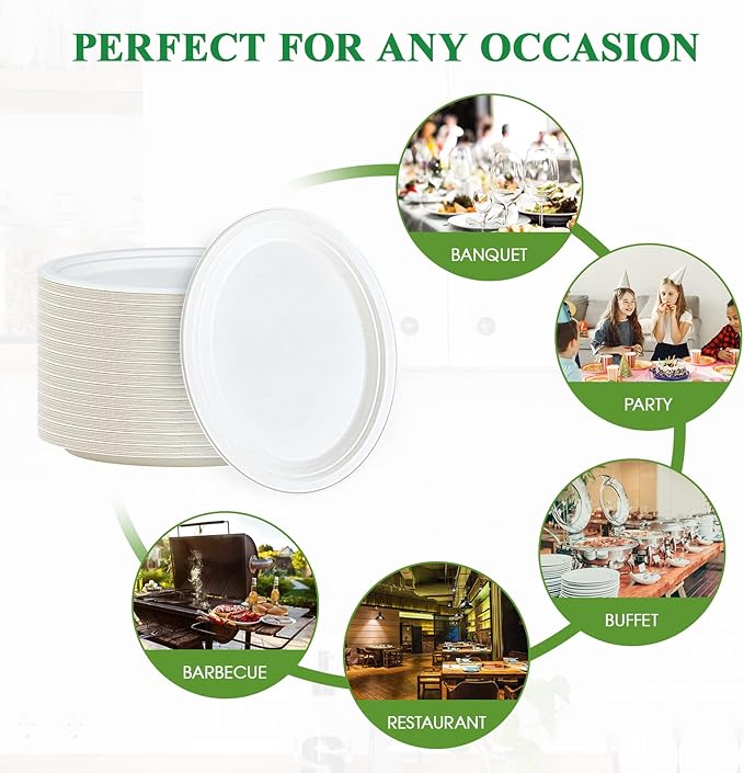 Vplus 100% Compostable Oval Paper Plates 10 inch 125 Pack Super Strong Disposable Paper Plates Bagasse Natural Biodegradable Eco-Friendly Sugarcane for BBQ, Party, Gathering, and Picnic