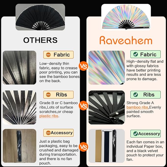Large Rave Fan, Clack Folding Hand Fan with Premium Fabric, Thick Bamboo Frame for Men Women Gift for EDM, Festival, Club, Party, Dance, Decoration (Holographic Silver, 11")