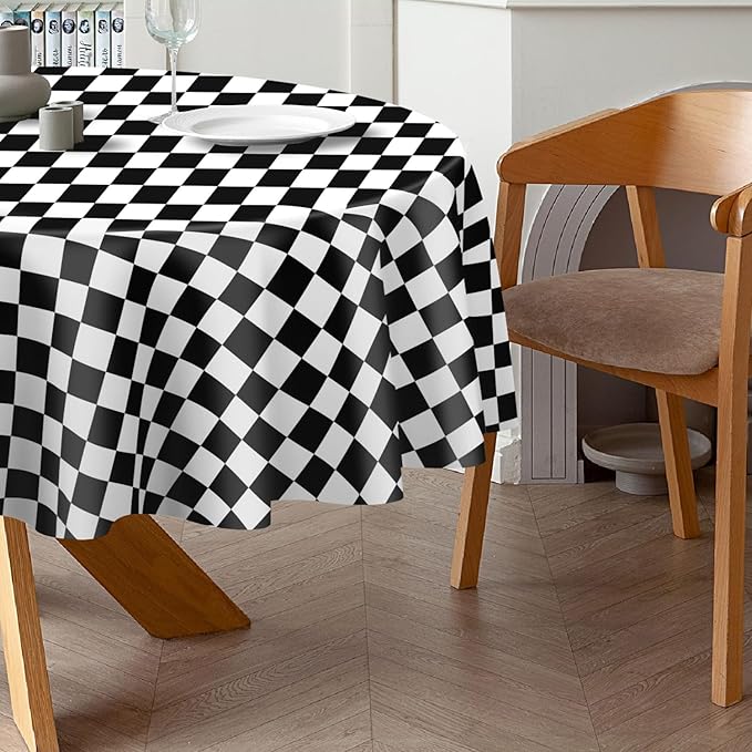 QIKSION Black and White Gingham Round Tablecloth 6 Pack, 84 Inch Plastic Checkered Table Cover Disposable for Parties