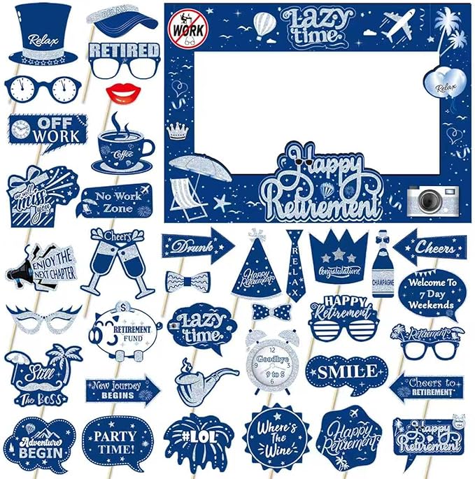 Retirement Party Photo Booth Props Kit - 27pcs Paper Photo Props 1 Frame Glitter Retirement Party Decorations for Retiree Celebration, Farewell Office Party Supplies (Blue and Silver)