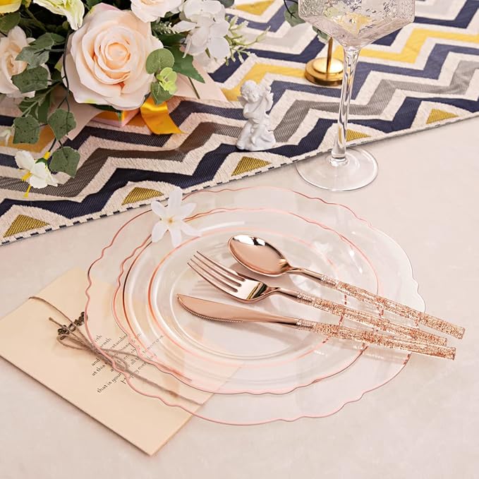 Liacere 150PCS Rose Gold Plastic Plates - Clear Rose Gold Disposable Plates with Glitter Bamboo Handle Cutlery - 60 Baroque Elegant Plates, 30 Forks, 30 Spoons, 30 Knives for Thanksging day&Chrismas