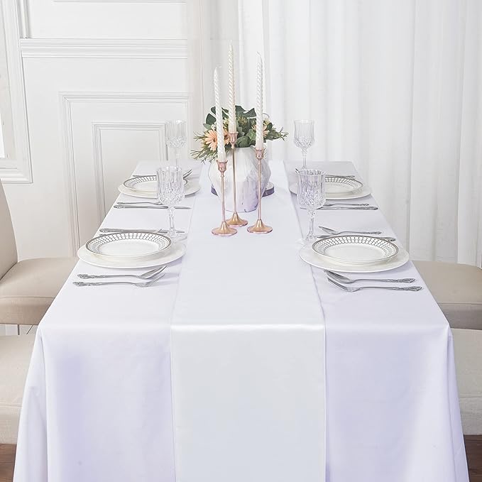 24Pack Table Runner 12 x 108 Inches Satin Silk Table Runner for Wedding, Birthday Party, Banquets, Graduations Decoration, fit Rectange and Round Table-White