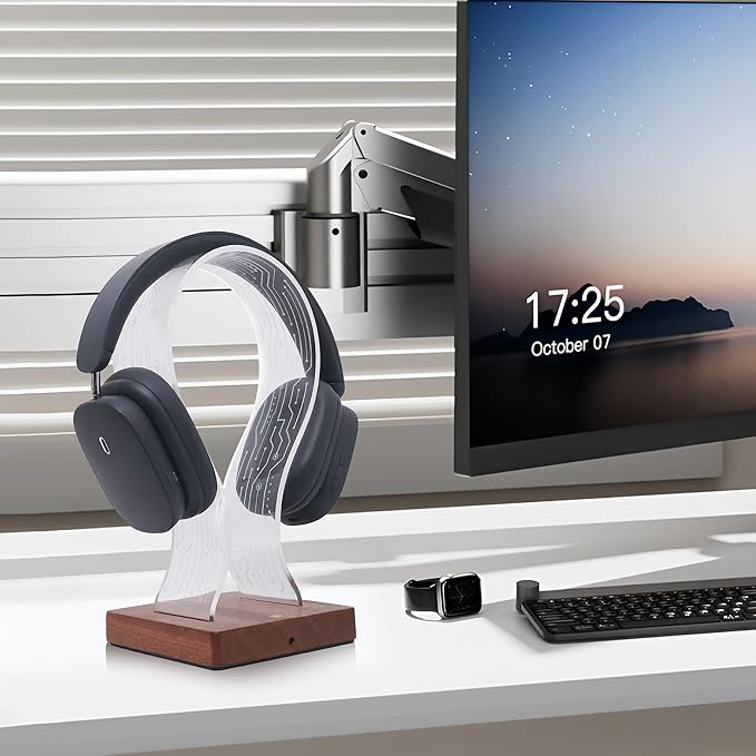 YuanDian RGB Headphone Stand with 16 Changing Colors, Wooden Headset Holder with 1 USB Charging Port and 1 Type-C Charging Port Touch Control with Remote, Gift for Gamers, Men, and Music Lovers