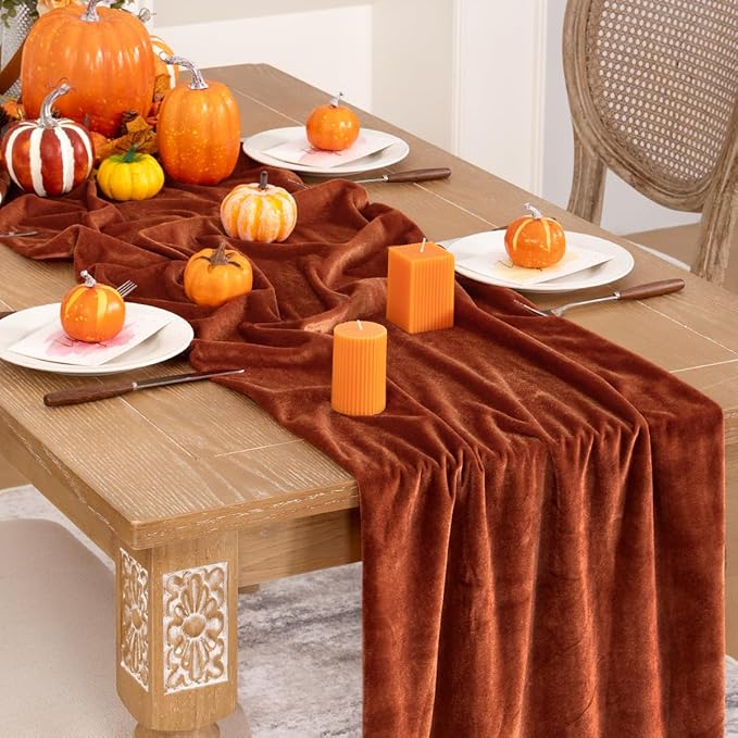 Terracotta Velvet Table Runner 3 Pack Fall Thanksgiving Burnt Orange Table Runners 20 x 120 Inch Luxurious Elegant Velvet Fabric Rust Red Decor for Christmas Dinner Wedding Bridal Baby Shower