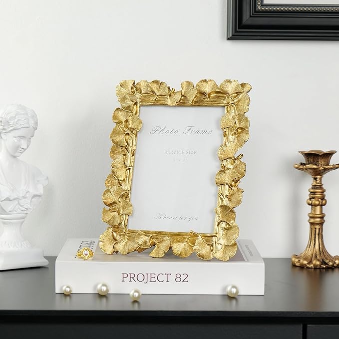 Cuspin 5x7 Picture Frame Vintage Gold Frames, Ornate Leaf Textured Hand-Crafted Resin with Glass Front, Gold Picture Frames for Tabletop Display, Retro Design Home Decor