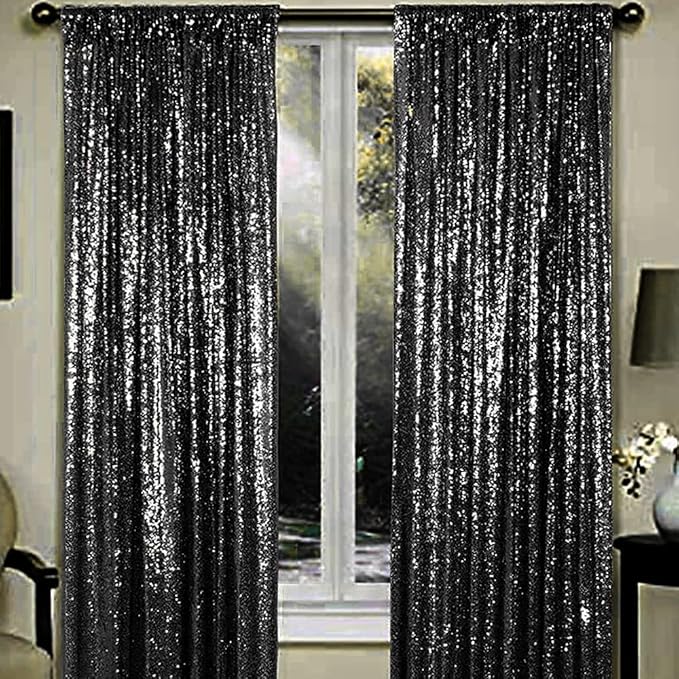 Black Sequin Curtains, 2 Panels (2FT x 8FT), Glitter Drapes, Sparkle for Wedding, Bridal, Birthday & Halloween