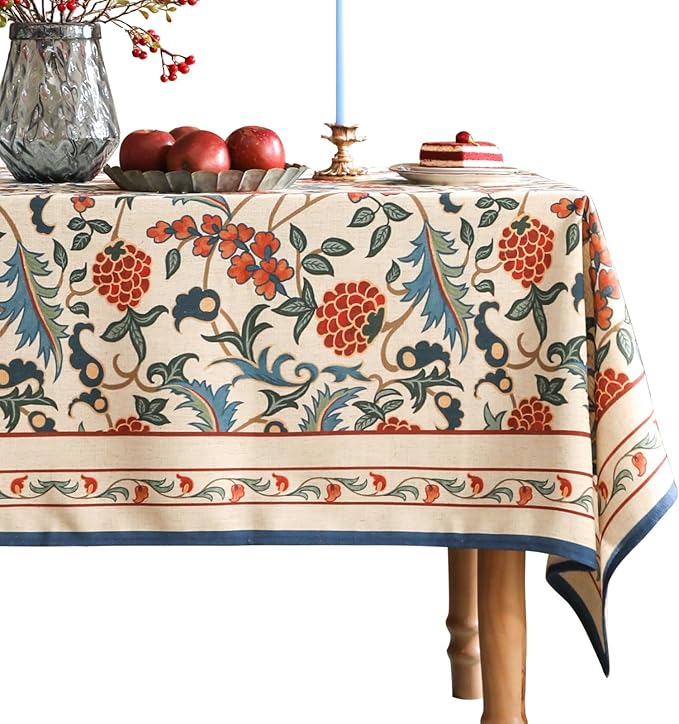 patdrea Designer Vintage Linen Tablecloth for Rectangle Table,French Soft Durable Floral Tablecloths,Colorful Table Cover for Kitchen Dining,Parties,Christmas,Thanksgiving,Party,55"x71"-Puno