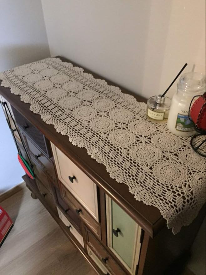 Cotton Handmade Crochet lace Table Runners Oval Tablecloth Doilies Doily Table Dresser Scarf Décor,15x35 inch,Beige