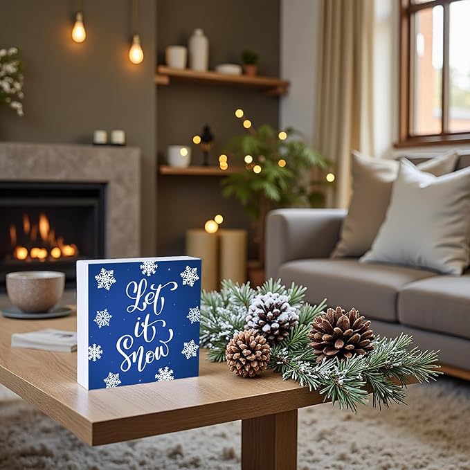 Winter Decorations Indoor Winter Decor Let It Snow Home Room Snowflakes Table Wood Box Sign Rustic Wooden Shelf Desk Decor Season Sign House Warming Gifts 5.9 x 5.9 Inch