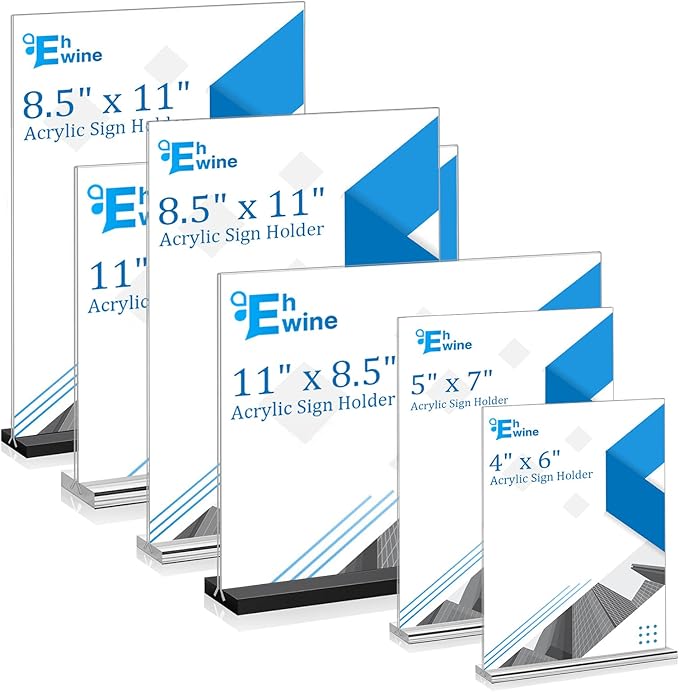 EHWINE 6 Pack Acrylic Sign Holders - 5 x 7, Double-Sided Stand Up Table Top Sign Holders, Clear Acrylic Picture Frame Menu Flyer Paper Display Stand for Office Business Store Wedding Party