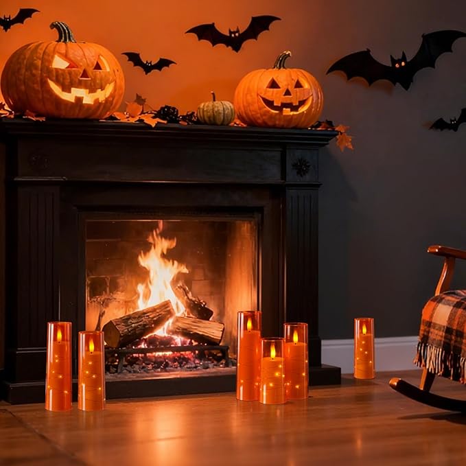 Raycare Flameless Candle with Remote Timer – 9 Flickering Acrylic Battery Operated LED Pillar Candles with Embedded Star String for Halloween, Home Decor, and as a Gift (Orange)