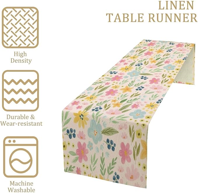 Floral Table Runner, Boho Style Watercolor Flower Green Leaf Plant Rectangle Table Decoration for Dining, Party, Holiday,13in（33cm） W * 60in（152cm） L