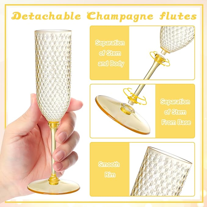 XUWAIDSGN 24 Pack Amber Detachable 2 piece Champagne Flutes 5.5 Oz Unbreakable Plastic Mimosa Disposable Champagne Glasses Drinking Cups Stemmed Reusable Wine Toasting Glasses for Wedding (24, Amber)