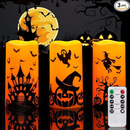 Homemory Halloween Candles, Orange Flameless Candles, Battery Operated Decals Plastic LED Pillar Candles with Remote Timers for Outdoor Day of The Dead, Halloween Spooky Decor, Waterproof, Set of 3