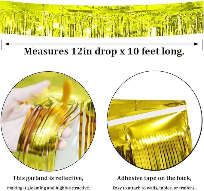 4 Pack Gold Total 40 Feet Foil Fringe Garland Metallic Tinsel Banner Wall Hanging Drapes Parade Float Skirting Decorations for Trailer Mardi Gras Party Birthday Wedding Baby Shower