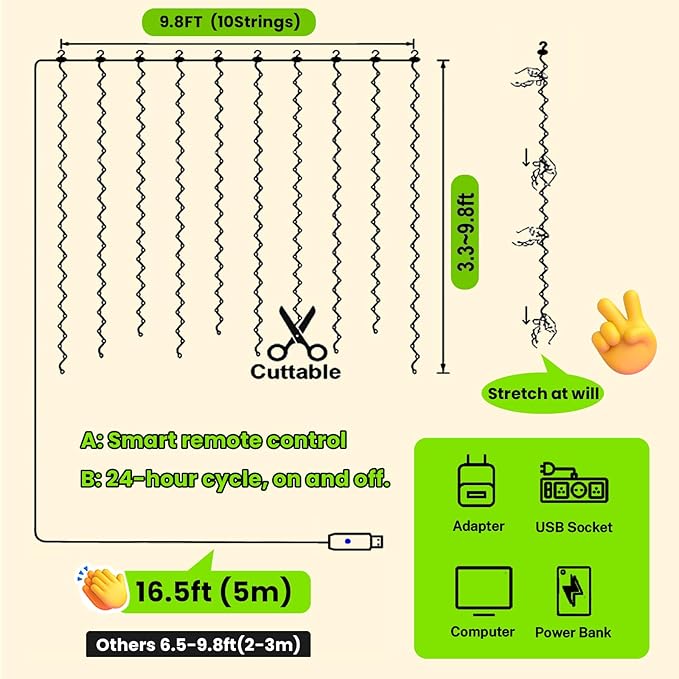 HXWEIYE 300LED Fairy Curtain Lights, 9.8x9.8Ft USB Plug-in 8 Modes Christmas String Hanging Lights with Remote for Bedroom Backdrop Wedding Party Indoor Wall Decor, Green
