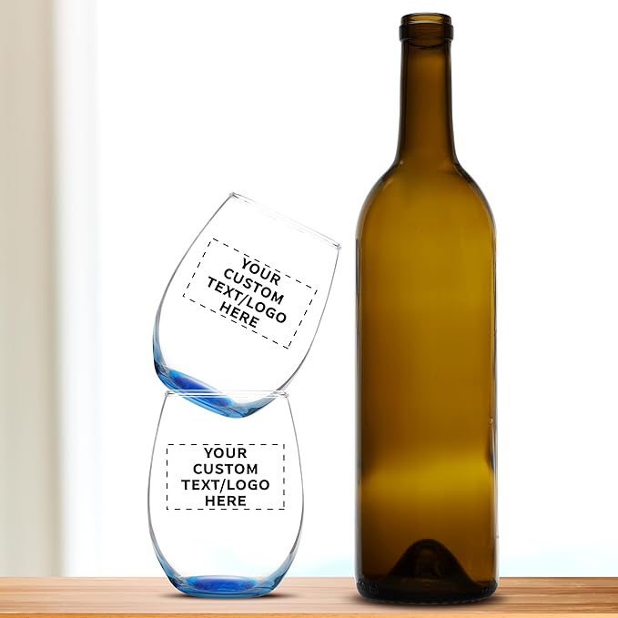 Custom Stemless Wine Glass 9 oz. Set of 10, Personalized Bulk Pack - Great for Wedding Favors, Bachelorette Party Decorations, Party Favors, Color Bottom - Blue