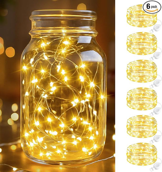 btfarm 6 Pack Fairy Lights Battery Operated, 7FT 20 LED Mini String Lights Waterproof Silver Wire for Mason Jars Centerpiece Table Crafts Bedroom Christmas Decoration, Warm White