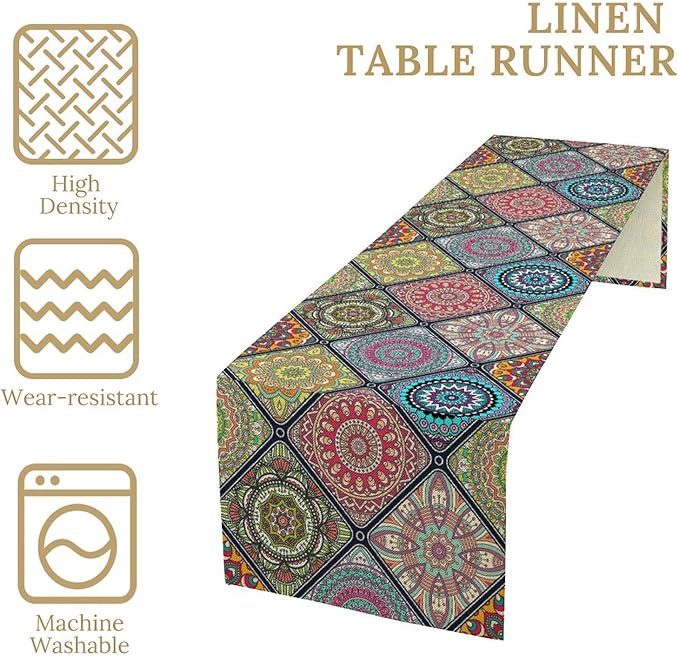 Boho Bohemian Table Runner, Vintage Indian Floral Print Table Cover for Farmhouse Kitchen Dining Table Decor Holiday Party, 13x108inch