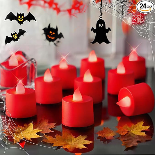 Amagic 24 Pack Red LED Tea Lights, Flameless Votive Candles Battery Operated, Electric Fake Colored Tealights Candles for Party, Halloween, Christmas, Aniversary, Wedding Table Centerpiece, Proposal