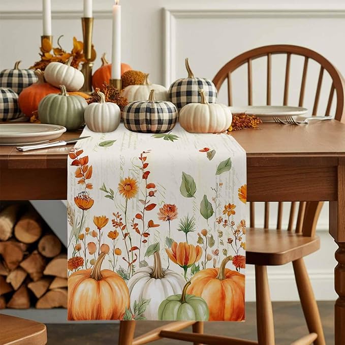 Fall Wildflowers Cotton Linen Table Runner for Dining Kitchen, Thanksgiving Pumpkin Outdoor Party Rustic Tablerunners Decoration, Botanical Floral Vintage Dresser Scarf Tablecloth Runners 13x90 Inches