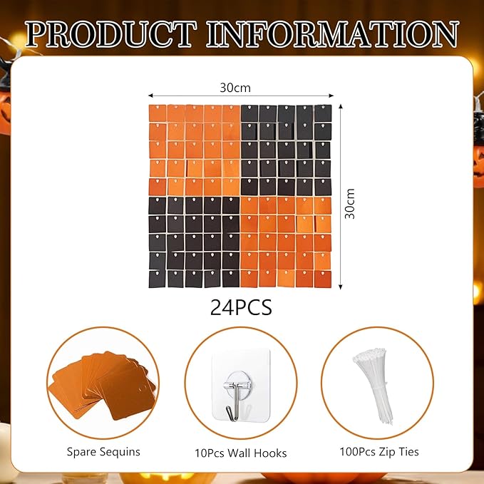 24PCS Black Orange Shimmer Wall Backdrop, Halloween Square Sequin Photo Backdrops Panel, Glitter Wall Background for Halloween, Birthdays, Weddings, Christmas, Engagements, Party Decor (4FTx6FT)