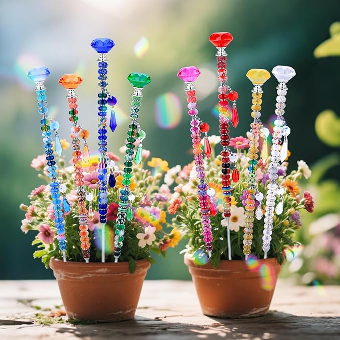 DIY Fairy Wand Garden Stake Beads Kits with Rainbow Colorful Assortment Large Hole Beads, Beaded Garden Stakes kit with Crystal Diamond Top (238Pcs Rainbow+Diamond)