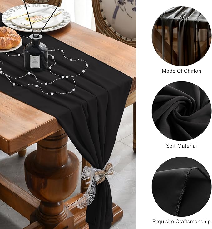 2 Pack 10 Ft Chiffon Table Runner Black Gauze Long Table Runners 27x120 Inches Sheer Tulle Table Runner for Rustic Wedding Reception Bridal Shower Decorations Birthday Party