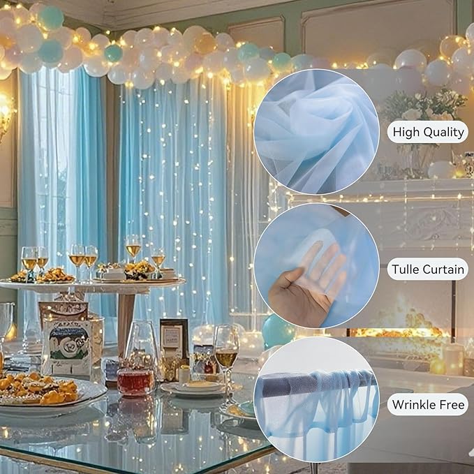 10×10ft Tulle Backdrop Curtains with Lights String - 300LED Fairy Lights Sheer Curtain Backdrop for Weddings Baby Shower and Birthday Party Decorations(4 Panels 5×10ft)