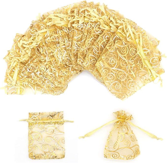 Staruby Organza Gift Bag 100Pcs Gold Sheer Organza Bag Mesh Favor Bags Drawstring Jewelry Rattan Printed Gift Pouches for Wedding Party Favors Couple Shower Christmas Gifts Candy Bags (3x4 Inches)