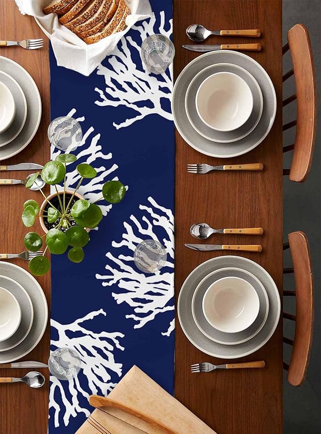 Coastal Coral Cotton Linen Table Runner for Dining Kitchen, Wedding Outdoor Party Tablerunners Decoration, Navy Blue Nautical Ocean Beach Dresser Scarf Coffee Tablecloth Runners 13x72 Inches