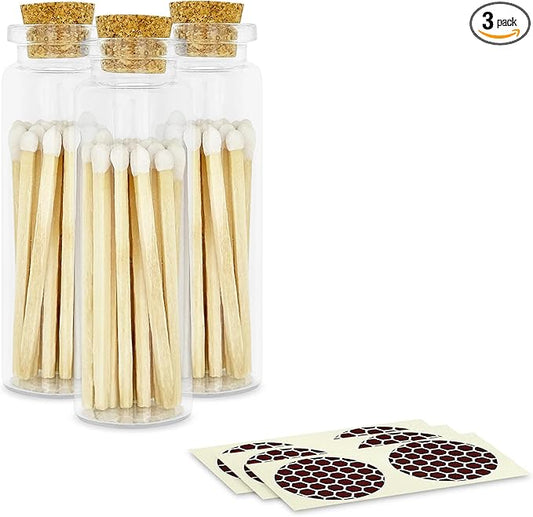 2" Classic White Tip Safety Matches | 3 Glass Bottles Each with Cork Top, Striker & 20 Matchsticks by Thankful Greetings (60+ Total) | Decorative & Unique for Home Decor, Event Giveaways