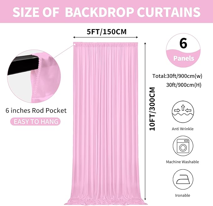 30x10ft Backdrop Curtains for Parties, 6 Panels 5x10ft Photography Backdrop Curtain with Rod Pocket,Backdrop Polyester Background Drapes,Wedding Backdrop Drapes for Birthday Baby Shower Home Decor