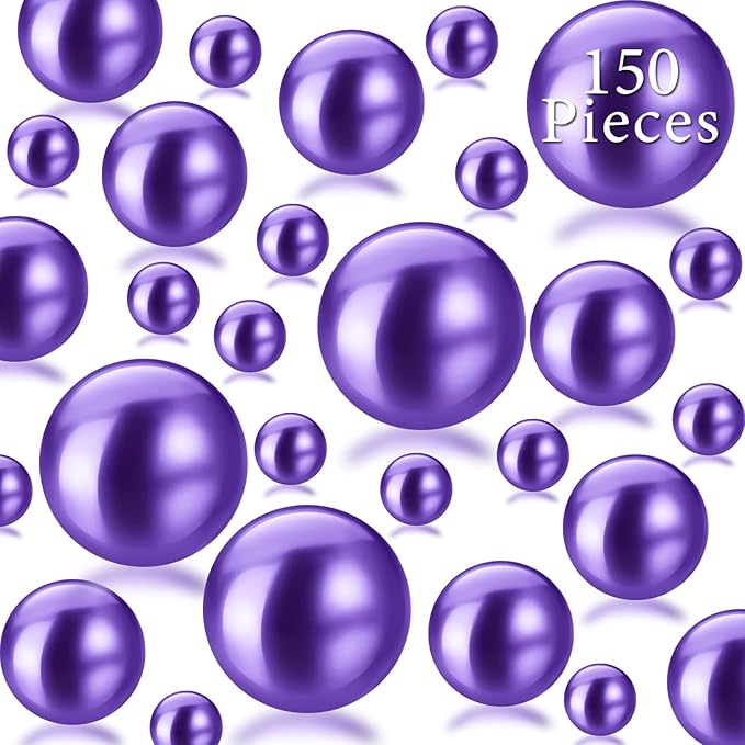 150Pcs Dark Purple Polished No Hole Faux Pearl Beads for Vase Filling Decorations, Plastic Pearls Vase Fillers, Table Scatters, Wedding Centerpiece, Home Decor, 8/14/20 mm