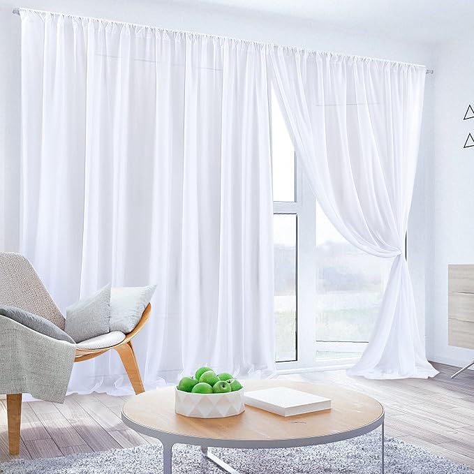 PARTISKY 10x7ft White Chiffon Backdrop Curtains (2 Panels 5x7ft Each) - Wrinkle-Free Sheer Fabric Photo Drapes for Wedding Ceremony Arch Birthday Baby Shower Photography Stage Decor