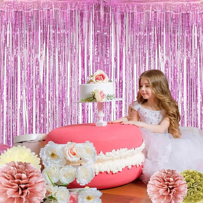 BEISHIDA 4 Pcs Pink Door Streamers Tinsel Curtain Party Streamers Backdrop Fringe Foil Wall Background for Birthday Christmas Wedding Pink Girls Valentine's Day Party Decoration(3.28 ft x 6.56 ft)