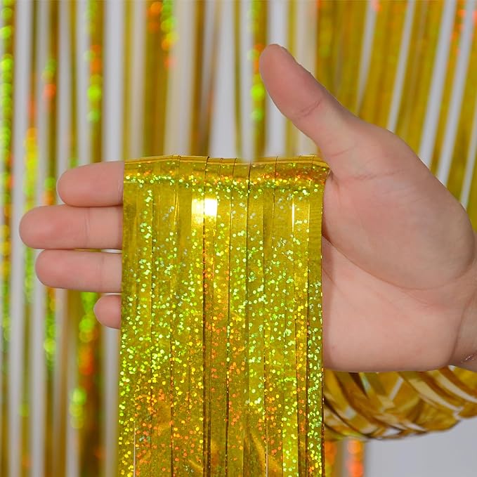 Melsan Gold Foil Curtain, 2 Pack 3.2 ft x 8.2 ft Tinsel Foil Fringe Curtains Backdrop, Sparkle Metallic Foil Fringe Curtains for Class of 2025 Retirement Fathers Day Decorations Photo Booth Props
