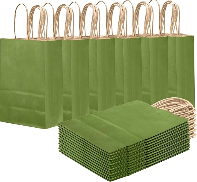 qiqee Light Olive Green Gift Bag with Handles Bulk 24Pcs Paper Bags -8.3"x6"x3. 15" Party Favor Bags - Solid Color