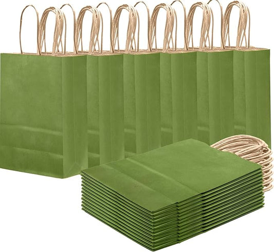 qiqee Light Olive Green Gift Bag with Handles Bulk 24Pcs Paper Bags -8.3"x6"x3. 15" Party Favor Bags - Solid Color