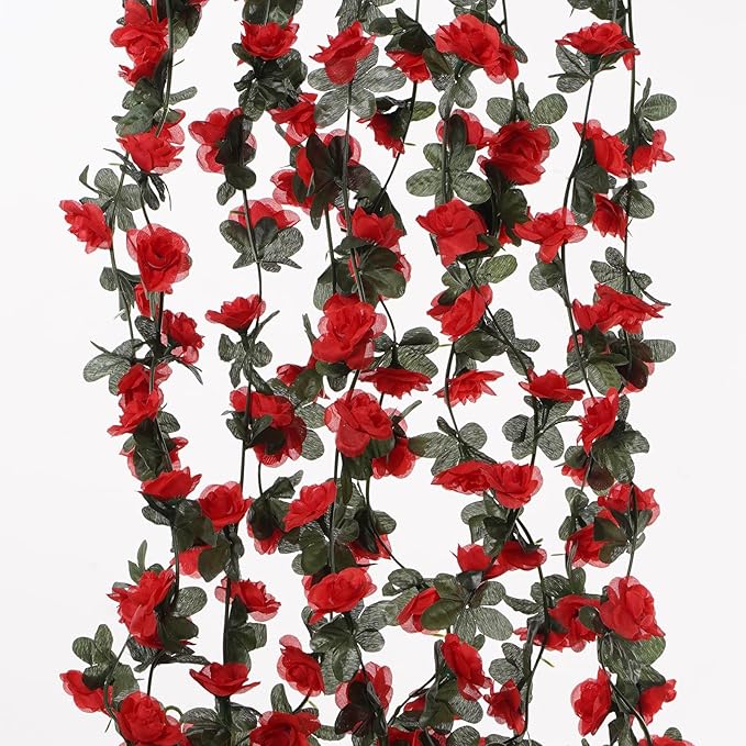 5 Pcs 41FT Flower Garland, Artificial Rose Garland Flowers Plants Fake Flower Hanging Rose Ivy, Birthday Party Valentine's Day Wedding Wall Arch Decor（Red）
